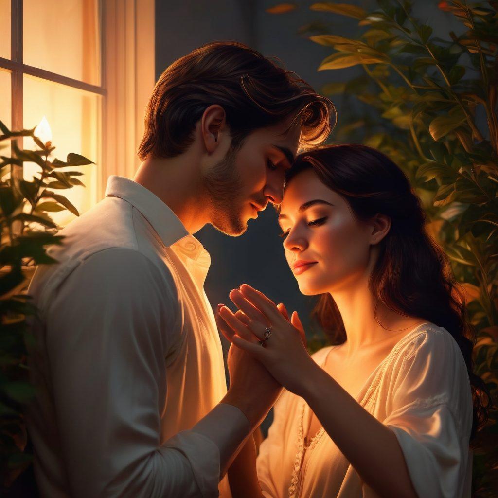 A warm and inviting scene of a couple sharing a cozy moment, surrounded by soft candlelight and lush plants that symbolize growth and intimacy. The couple should be engaged in deep conversation, conveying warmth and connection, with heart motifs subtly integrated in the background. The colors should be soft and romantic, evoking a sense of love and passion. harmonious blend of light and shadow. super-realistic. vibrant colors.
