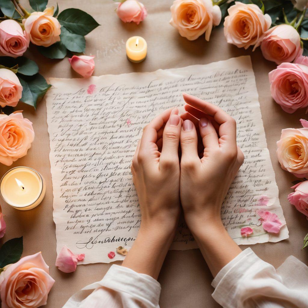 A beautifully arranged collage of hand-written love quotes on delicate parchment paper, surrounded by soft pastel roses and warm candlelight. In the background, a faint silhouette of a couple holding hands, symbolizing connection and kindness. The overall ambiance is warm and inviting, evoking sentiment and romance. soft focus. watercolor style. warm tones.