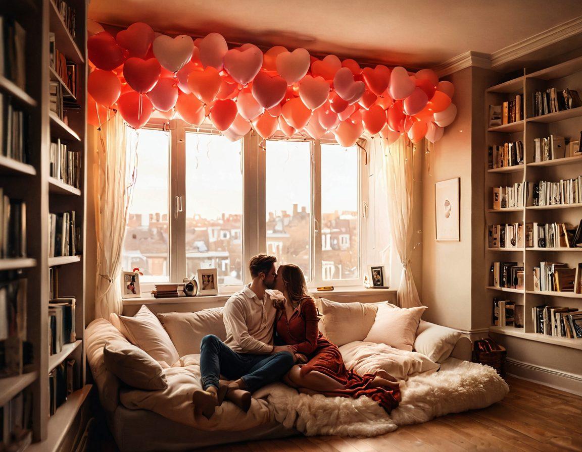 A cozy scene with a couple sharing a warm embrace in a softly lit room filled with fading sunlight. Surround them with floating heart-shaped balloons and scattered love letters, embodying warmth and connection. Include a bookshelf filled with romance novels in the background, enhancing the theme of love stories. The overall atmosphere should evoke comfort and intimacy. super-realistic. warm colors. soft focus.